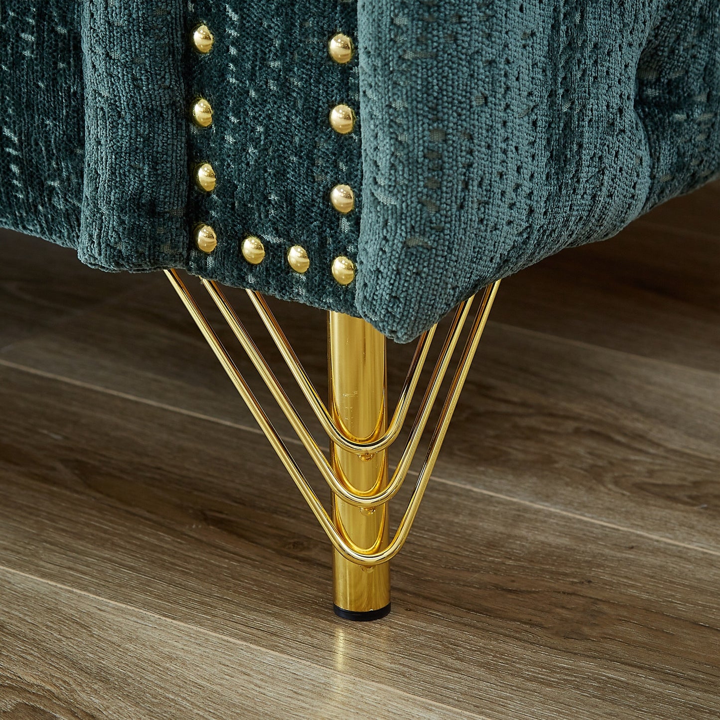 Modern 82 Chenille Buttons Tufted Upholstered 3-seater Sofa with Copper Nail Decoration and Metal Legs