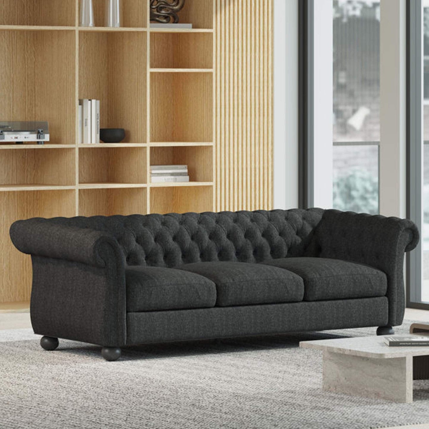 Modern 83.25 Button Tufted 3-seater Sofa with Wood Legs for Living Room