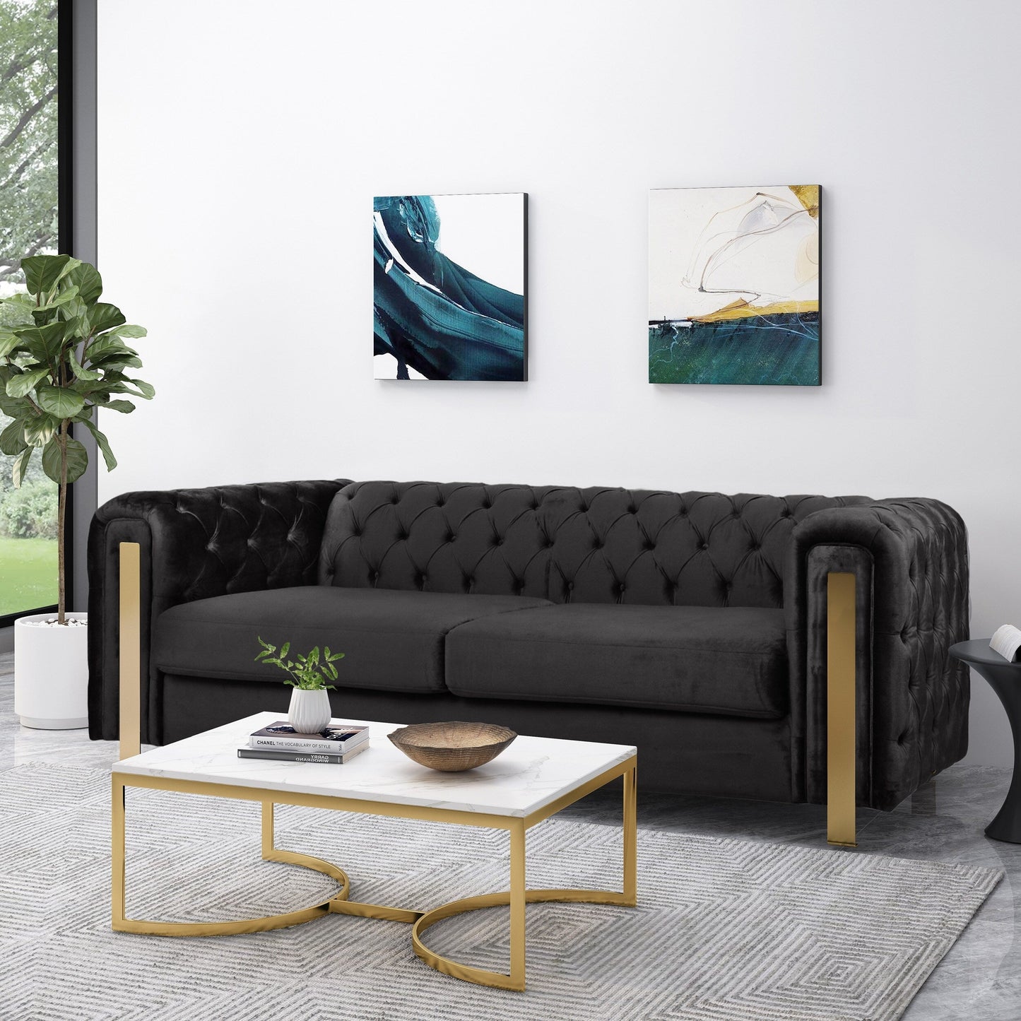 Modern 83.75 Velvet Button Tufted 3-seater Sofa with Iron Legs for Living Room