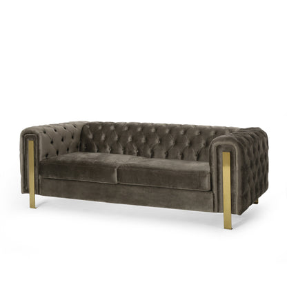 Modern 83.75 Velvet Button Tufted 3-seater Sofa with Iron Legs for Living Room