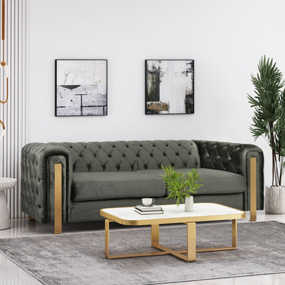 Modern 83.75 Velvet Button Tufted 3-seater Sofa with Iron Legs for Living Room