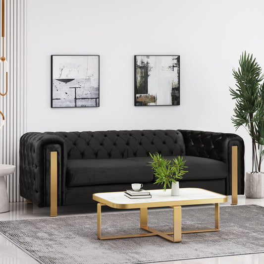Modern 83.75 Velvet Button Tufted 3-seater Sofa with Iron Legs for Living Room