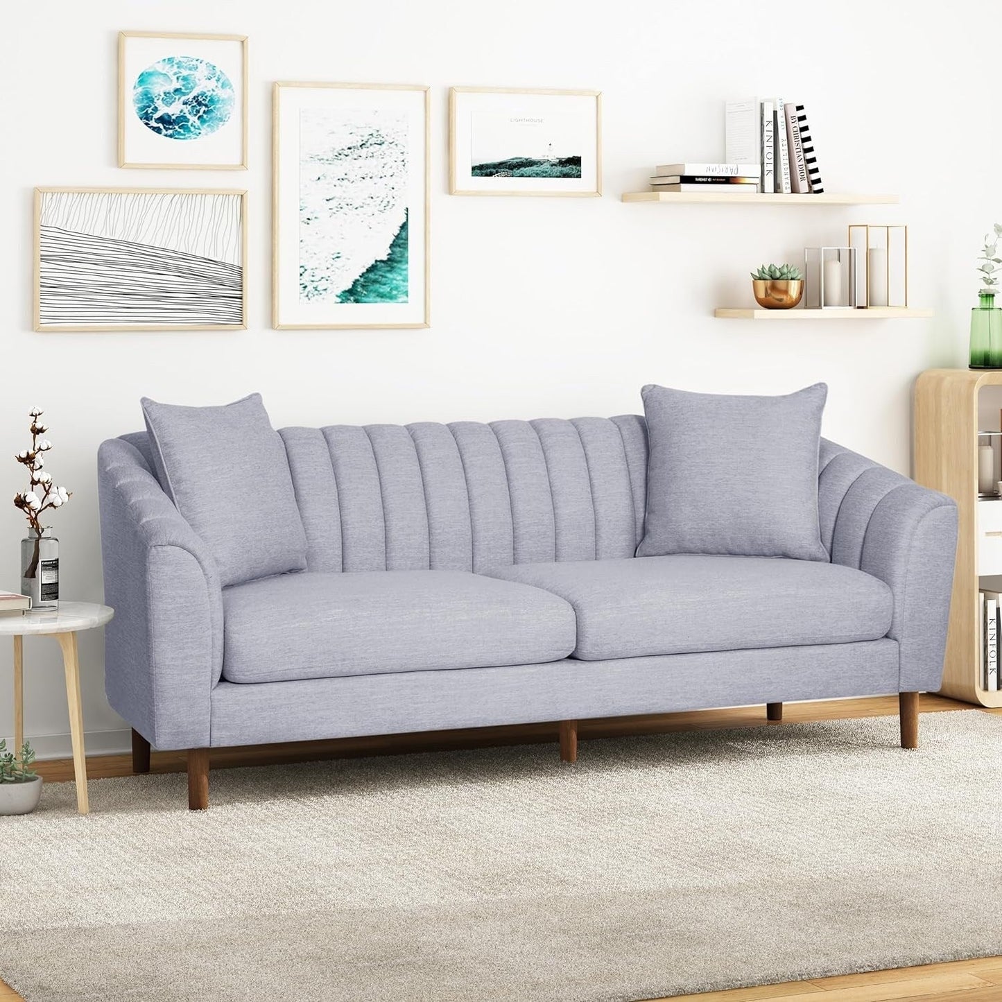 Modern 84.5 3-seater Sofa with Wood Legs and Pillows for Living Room