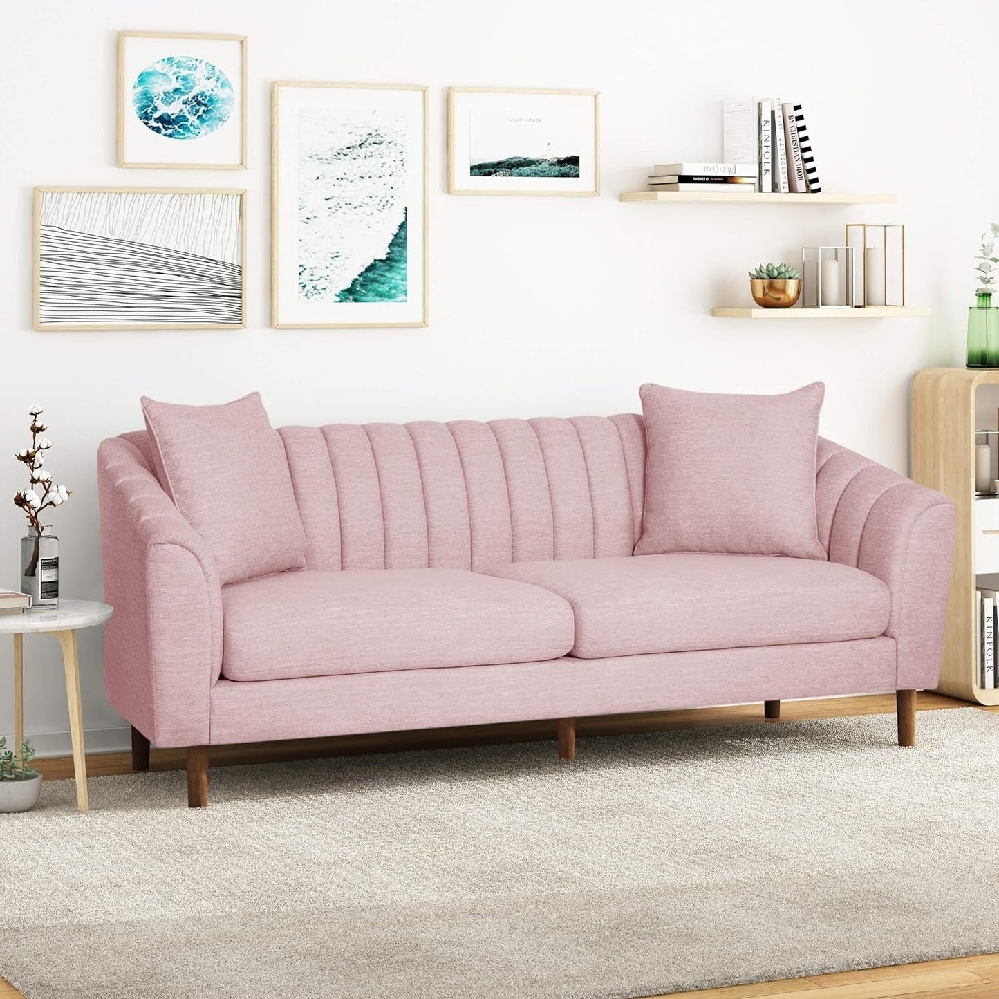 Modern 84.5 3-seater Sofa with Wood Legs and Pillows for Living Room