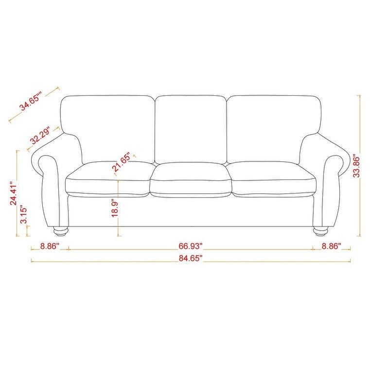 Modern 84.6 Chenille 3-seater Rolled Arms Sofa with Solid Wood Frame for Living Room