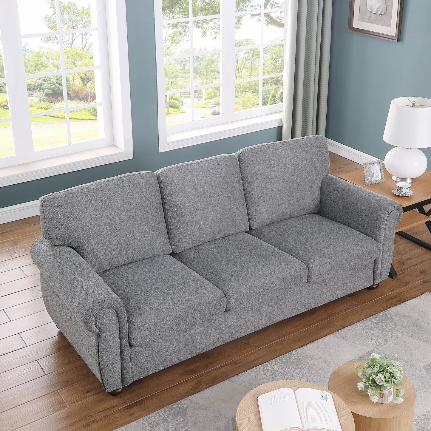 Modern 84.6 Chenille 3-seater Rolled Arms Sofa with Solid Wood Frame for Living Room