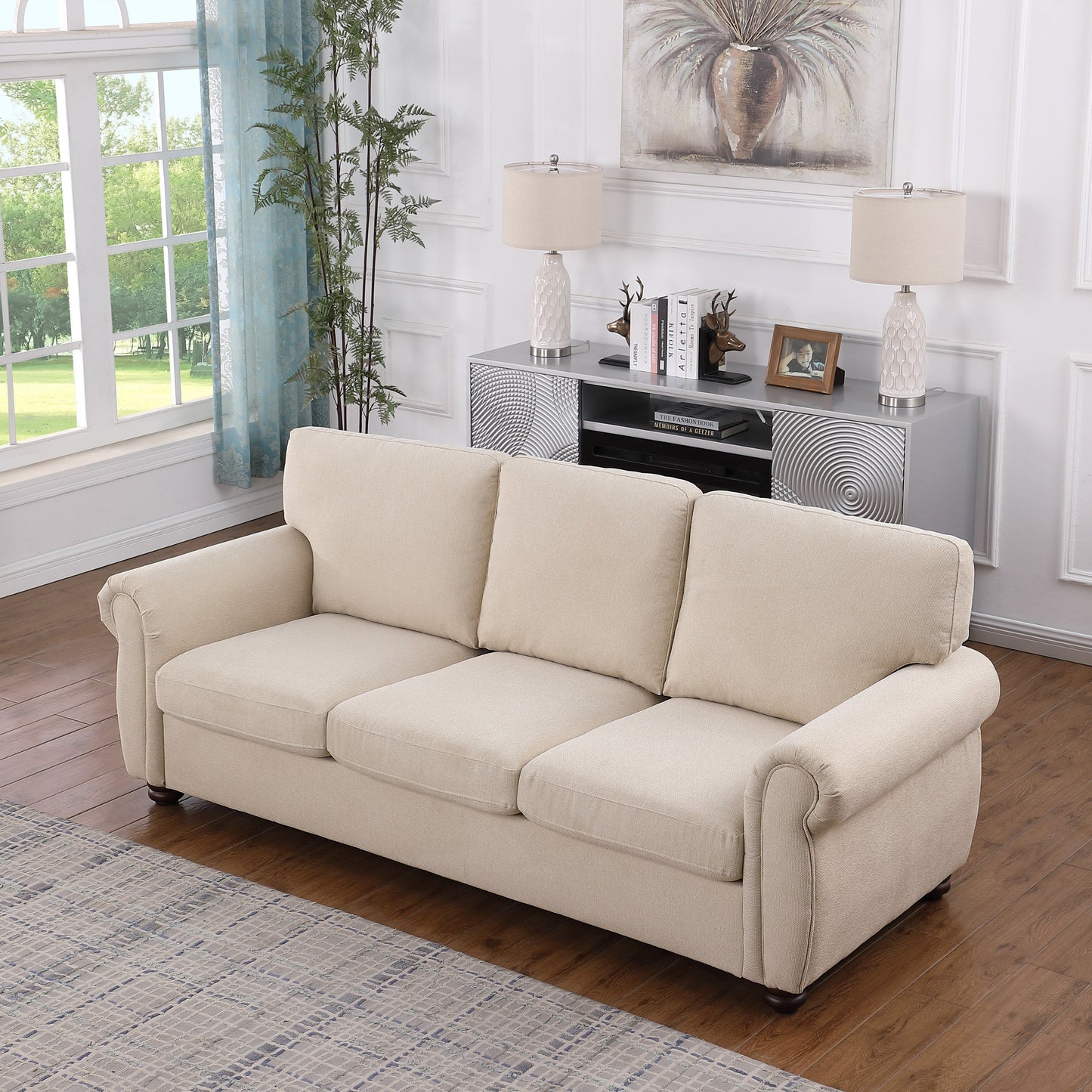 Modern 84.6 Chenille 3-seater Rolled Arms Sofa with Solid Wood Frame for Living Room