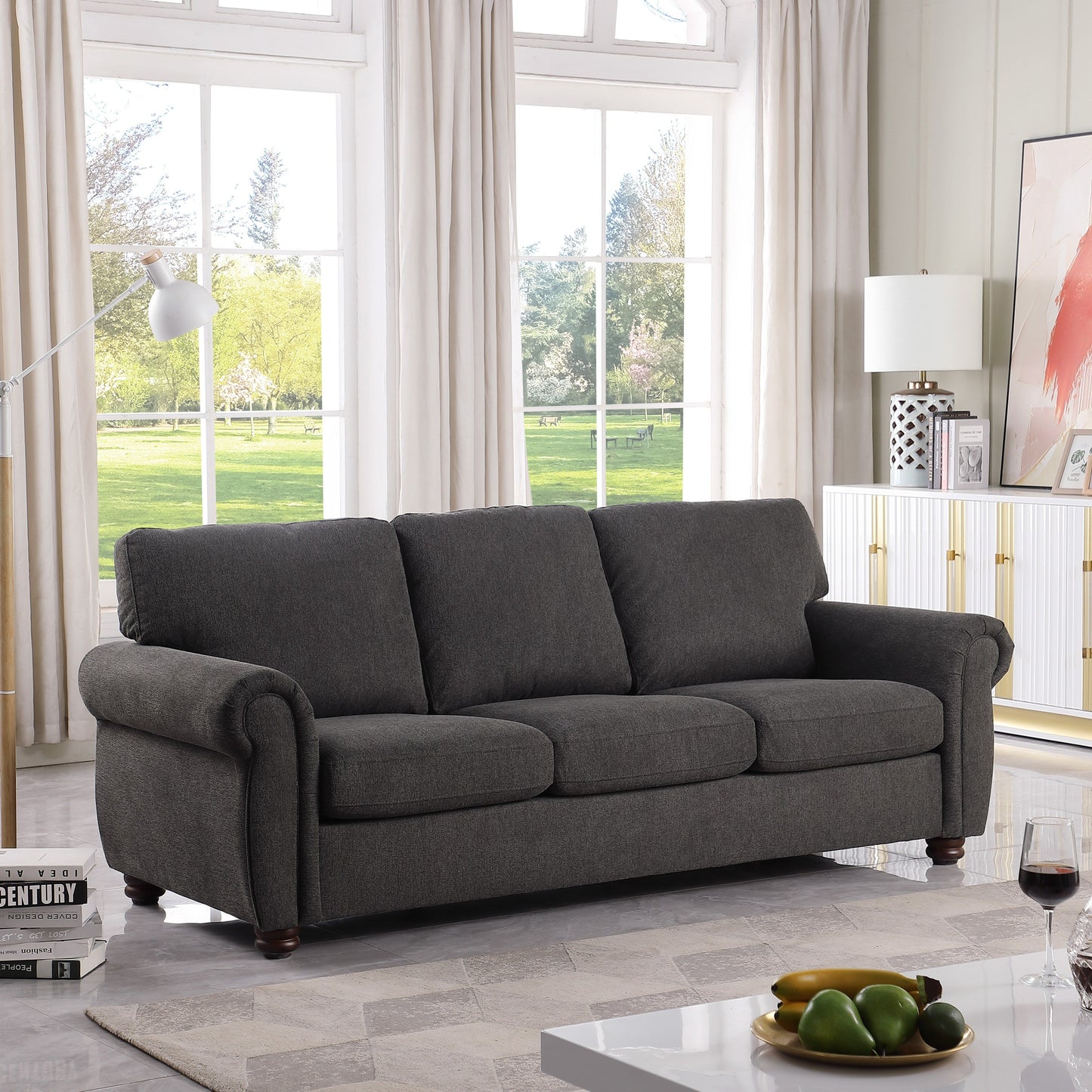 Modern 84.6 Chenille 3-seater Rolled Arms Sofa with Solid Wood Frame for Living Room