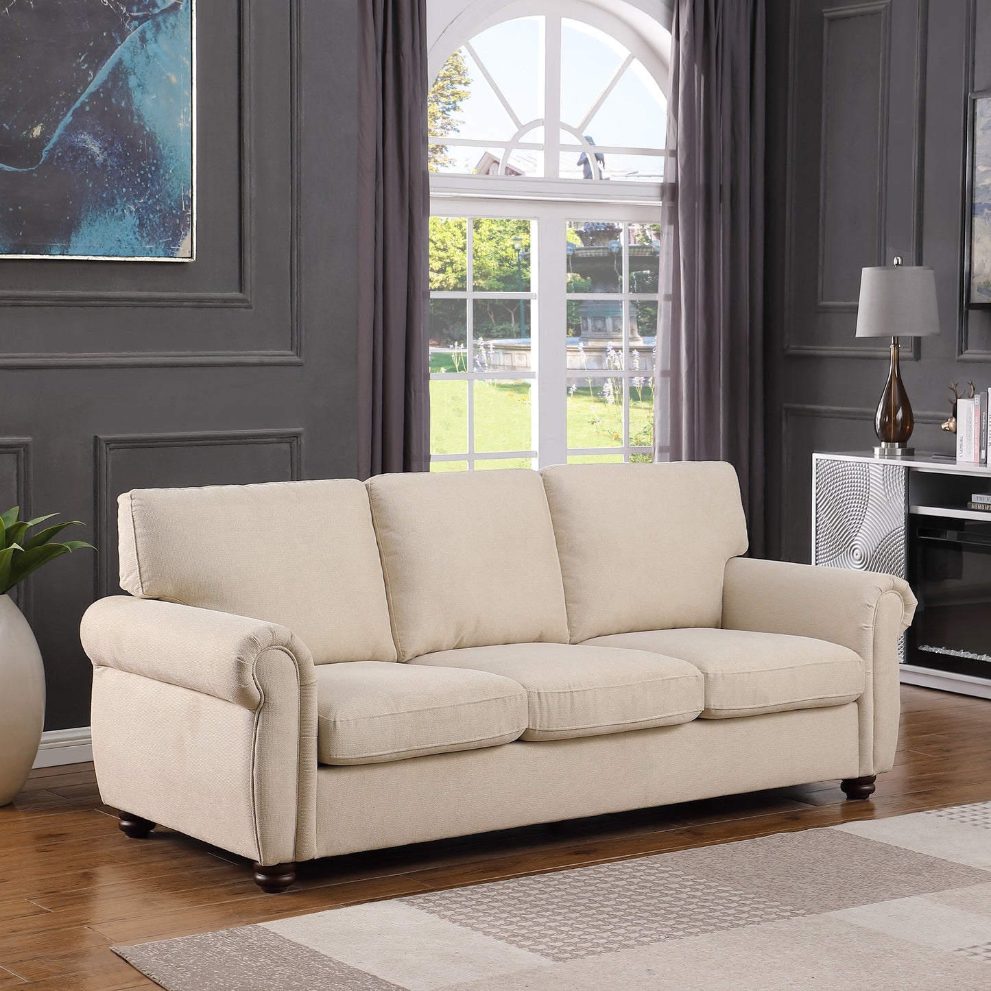 Modern 84.6 Chenille 3-seater Rolled Arms Sofa with Solid Wood Frame for Living Room