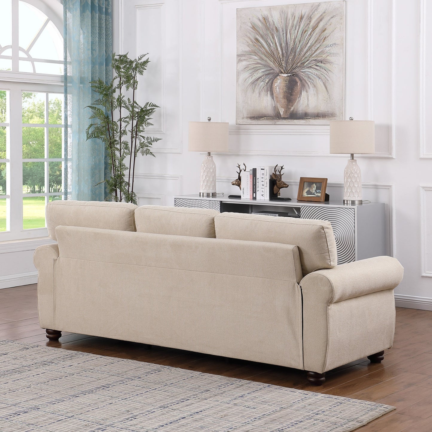 Modern 84.6 Chenille 3-seater Rolled Arms Sofa with Solid Wood Frame for Living Room