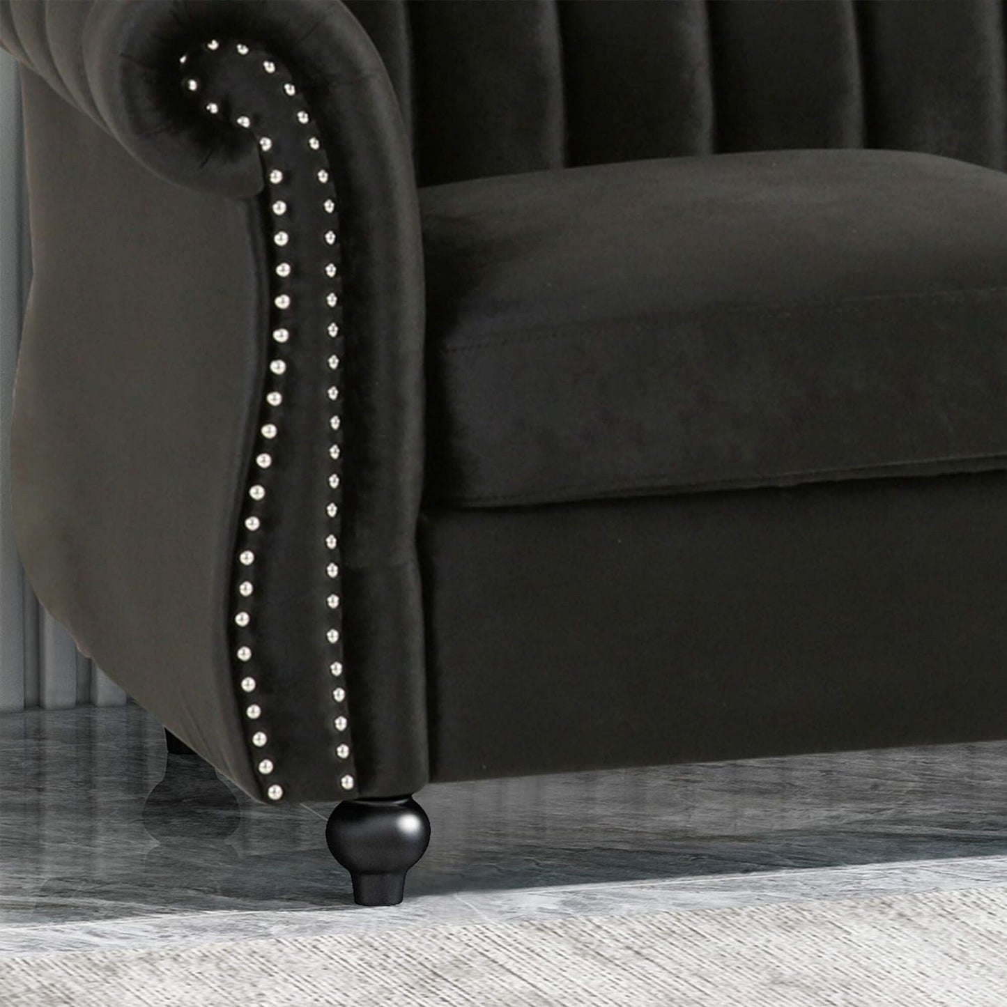 Modern 84 Velvet 3-seater Rolled Arms Button Tufted Sofa with Nailhead Trim and Curved Backrest for Living Room