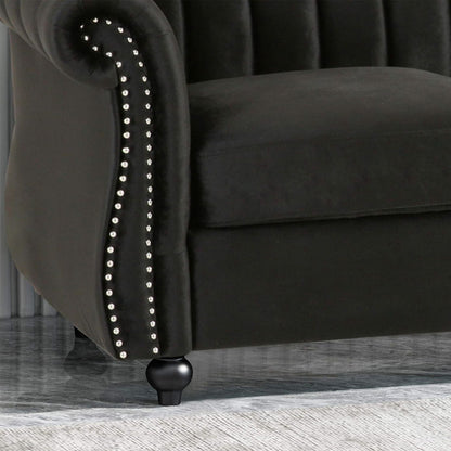 Modern 84 Velvet 3-seater Rolled Arms Button Tufted Sofa with Nailhead Trim and Curved Backrest for Living Room