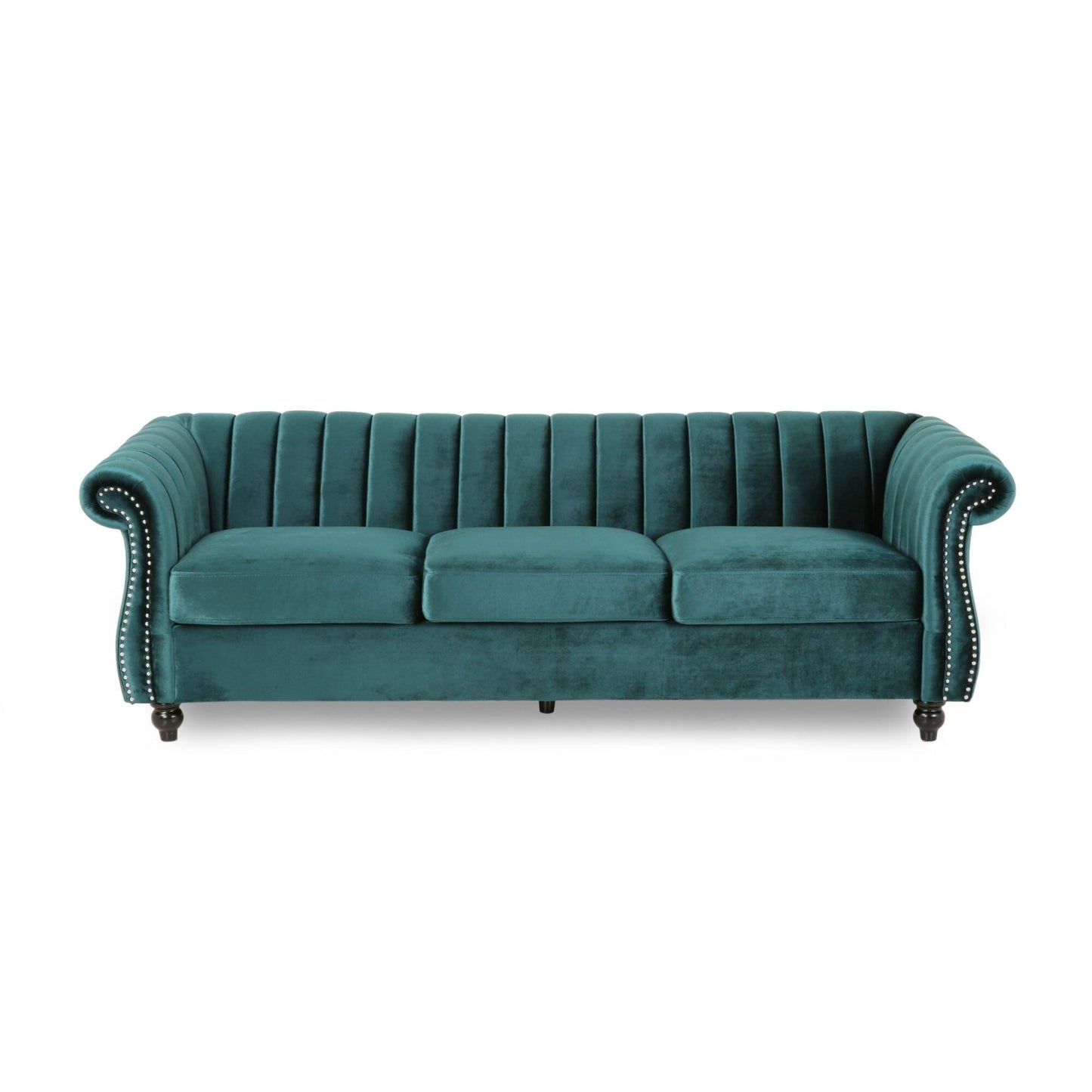 Modern 84 Velvet 3-seater Rolled Arms Button Tufted Sofa with Nailhead Trim and Curved Backrest for Living Room