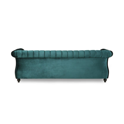 Modern 84 Velvet 3-seater Rolled Arms Button Tufted Sofa with Nailhead Trim and Curved Backrest for Living Room