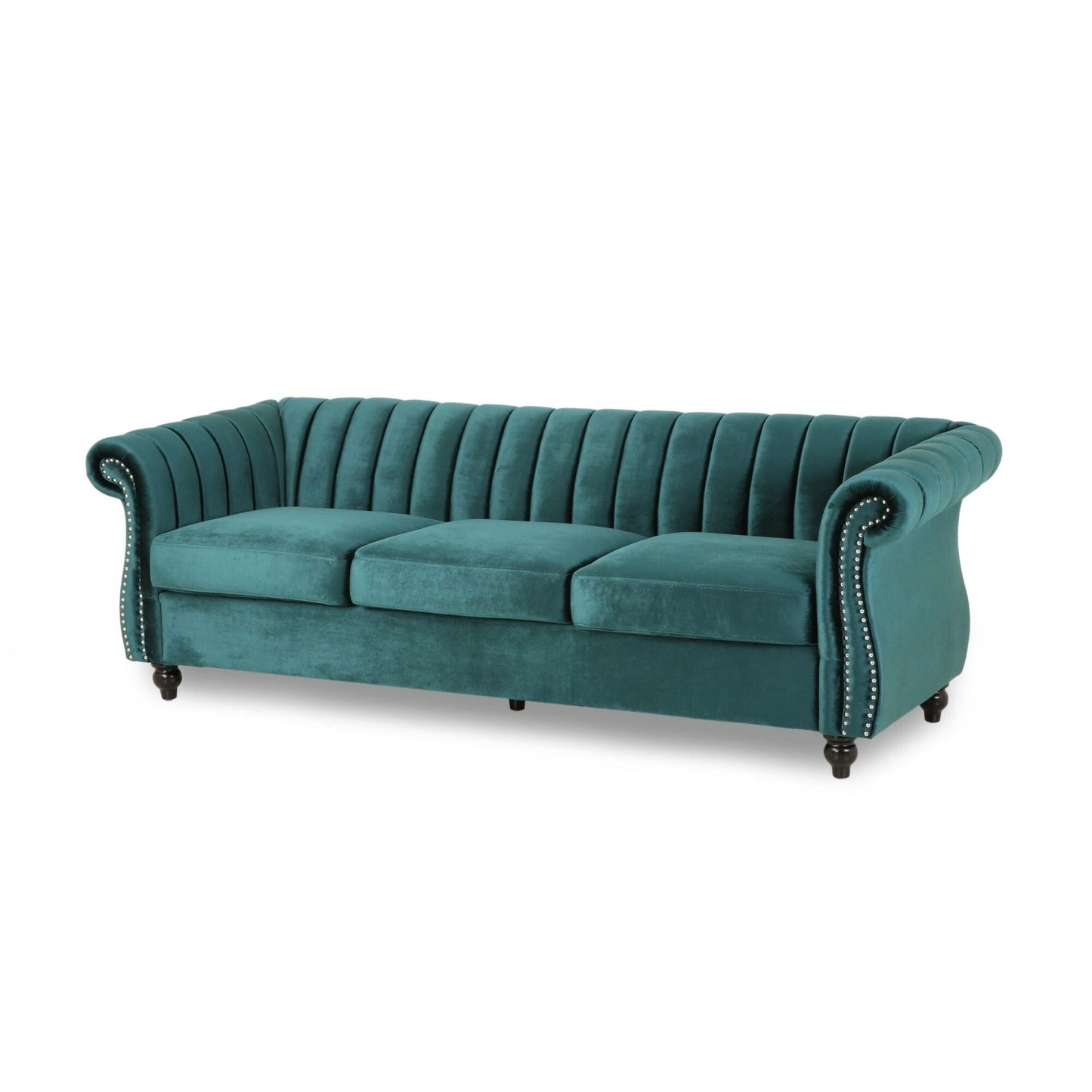 Modern 84 Velvet 3-seater Rolled Arms Button Tufted Sofa with Nailhead Trim and Curved Backrest for Living Room