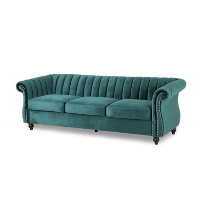 Modern 84 Velvet 3-seater Rolled Arms Button Tufted Sofa with Nailhead Trim and Curved Backrest for Living Room