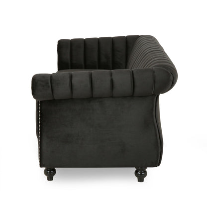 Modern 84 Velvet 3-seater Rolled Arms Button Tufted Sofa with Nailhead Trim and Curved Backrest for Living Room
