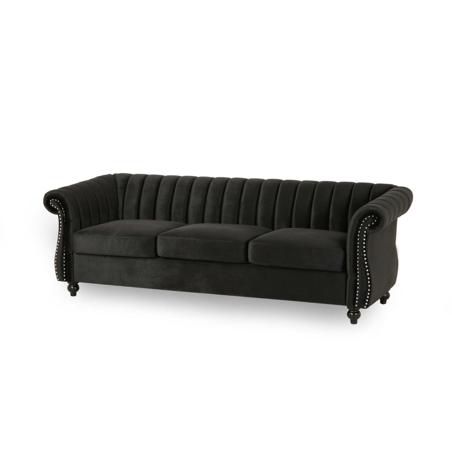 Modern 84 Velvet 3-seater Rolled Arms Button Tufted Sofa with Nailhead Trim and Curved Backrest for Living Room