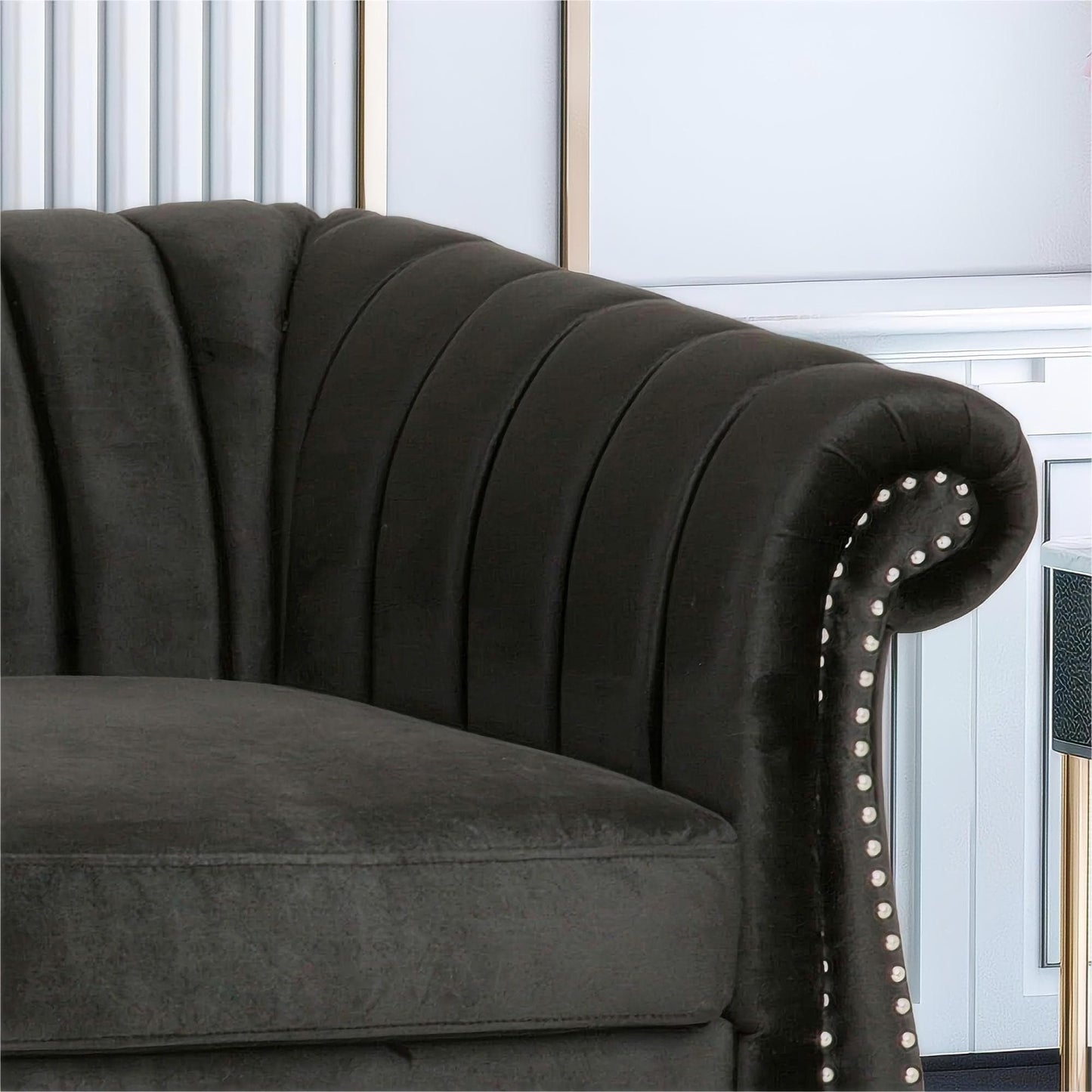 Modern 84 Velvet 3-seater Rolled Arms Button Tufted Sofa with Nailhead Trim and Curved Backrest for Living Room