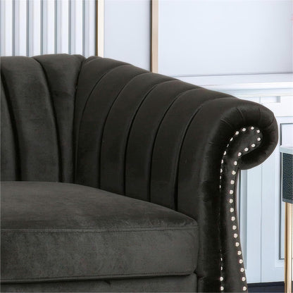 Modern 84 Velvet 3-seater Rolled Arms Button Tufted Sofa with Nailhead Trim and Curved Backrest for Living Room