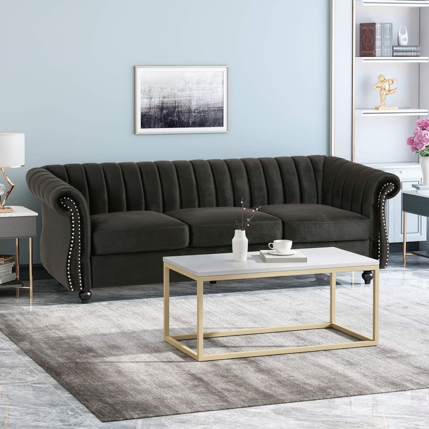 Modern 84 Velvet 3-seater Rolled Arms Button Tufted Sofa with Nailhead Trim and Curved Backrest for Living Room
