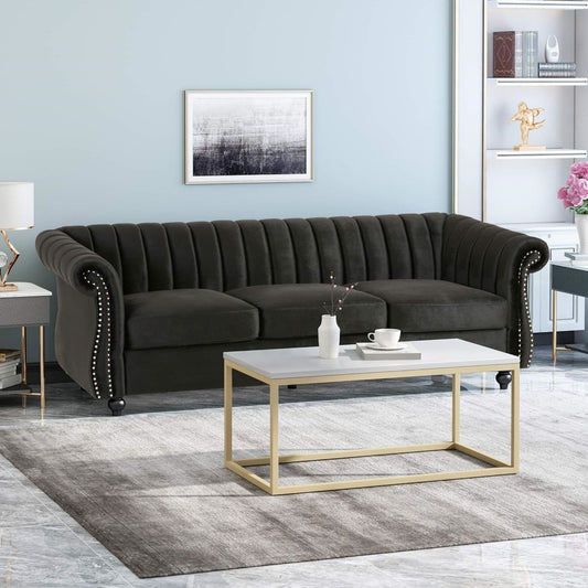 Modern 84 Velvet 3-seater Rolled Arms Button Tufted Sofa with Nailhead Trim and Curved Backrest for Living Room