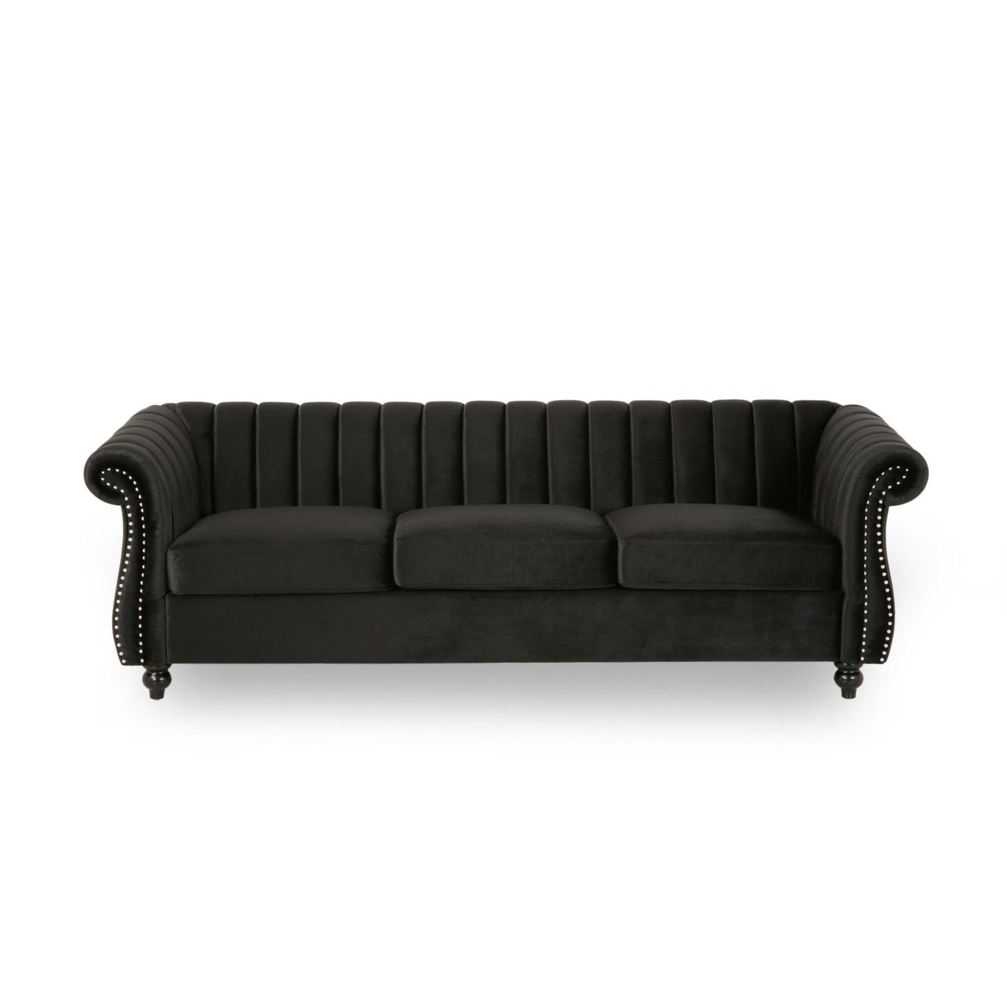 Modern 84 Velvet 3-seater Rolled Arms Button Tufted Sofa with Nailhead Trim and Curved Backrest for Living Room