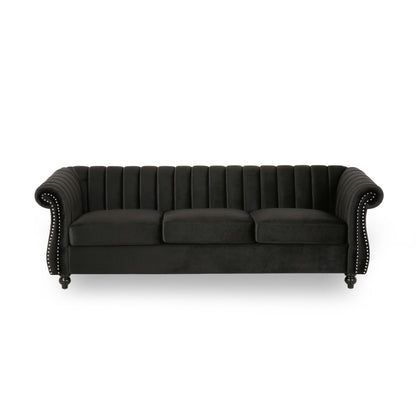 Modern 84 Velvet 3-seater Rolled Arms Button Tufted Sofa with Nailhead Trim and Curved Backrest for Living Room