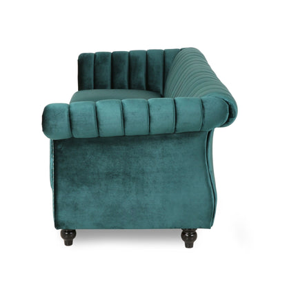 Modern 84 Velvet 3-seater Rolled Arms Button Tufted Sofa with Nailhead Trim and Curved Backrest for Living Room