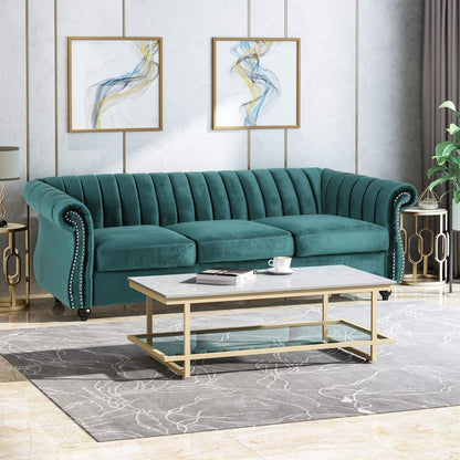 Modern 84 Velvet 3-seater Rolled Arms Button Tufted Sofa with Nailhead Trim and Curved Backrest for Living Room