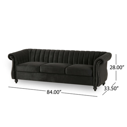 Modern 84 Velvet 3-seater Rolled Arms Button Tufted Sofa with Nailhead Trim and Curved Backrest for Living Room
