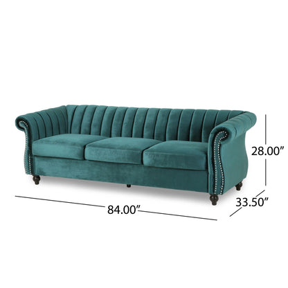 Modern 84 Velvet 3-seater Rolled Arms Button Tufted Sofa with Nailhead Trim and Curved Backrest for Living Room
