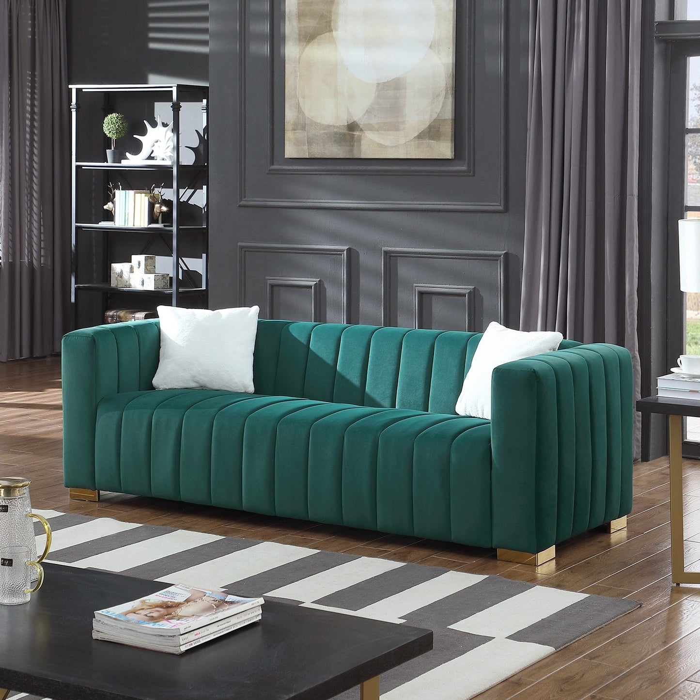 Modern 85.76'' Velvet Channel 3 Seater Sofa Couch, with 2 Pillow, Plush Foam Cushions, Luxurious Upholstered Couch