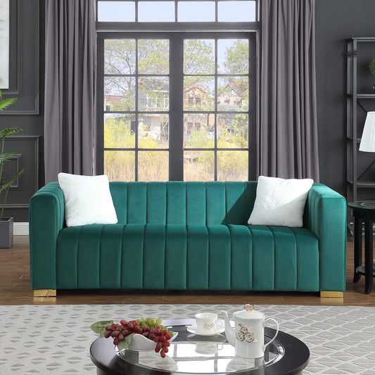 Modern 85.76'' Velvet Channel 3 Seater Sofa Couch, with 2 Pillow, Plush Foam Cushions, Luxurious Upholstered Couch