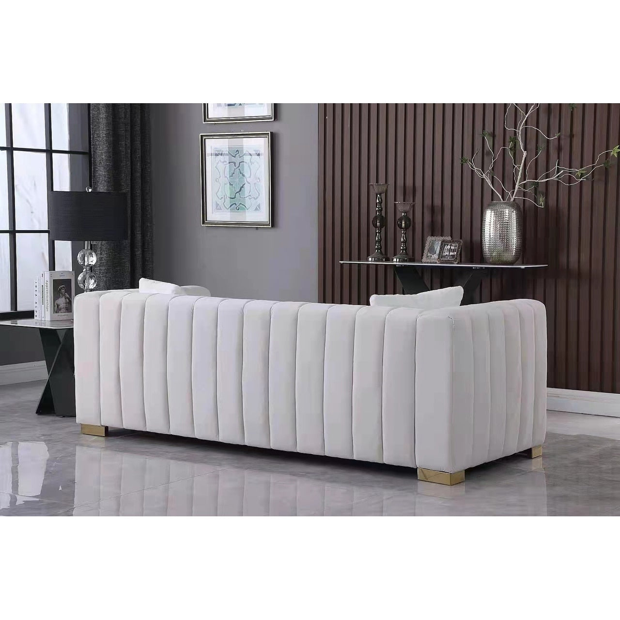 Modern 85.76'' Velvet Channel 3 Seater Sofa Couch, with 2 Pillow, Plush Foam Cushions, Luxurious Upholstered Couch