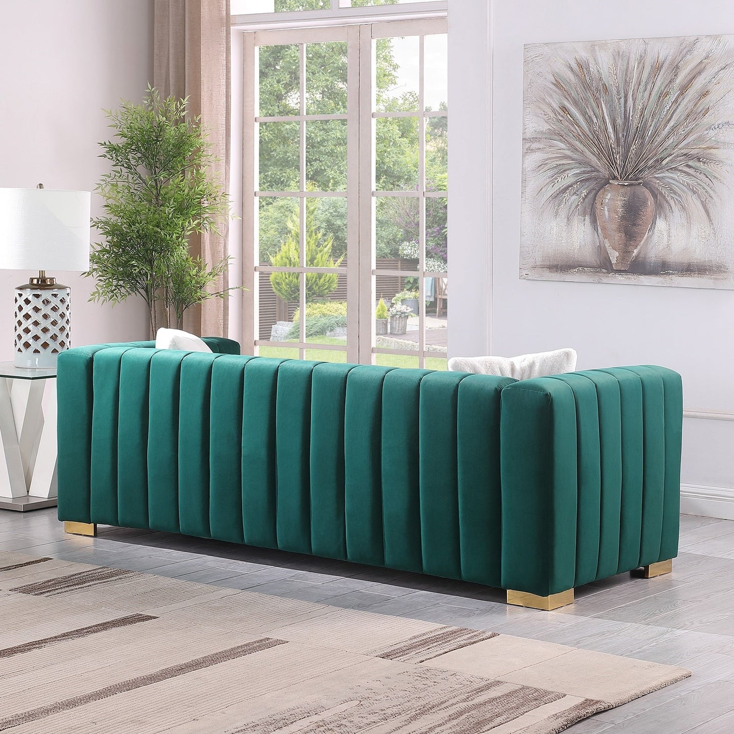 Modern 85.76'' Velvet Channel 3 Seater Sofa Couch, with 2 Pillow, Plush Foam Cushions, Luxurious Upholstered Couch