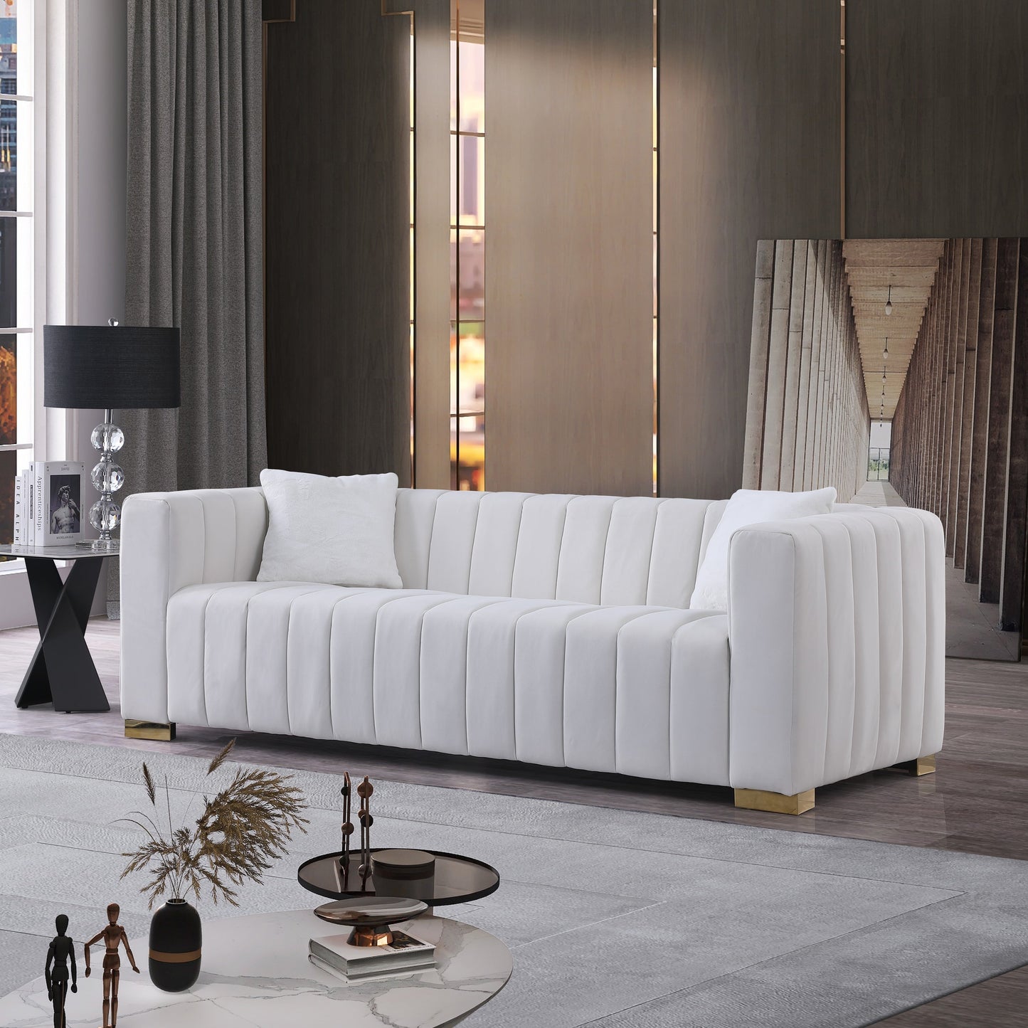 Modern 85.76'' Velvet Channel 3 Seater Sofa Couch, with 2 Pillow, Plush Foam Cushions, Luxurious Upholstered Couch