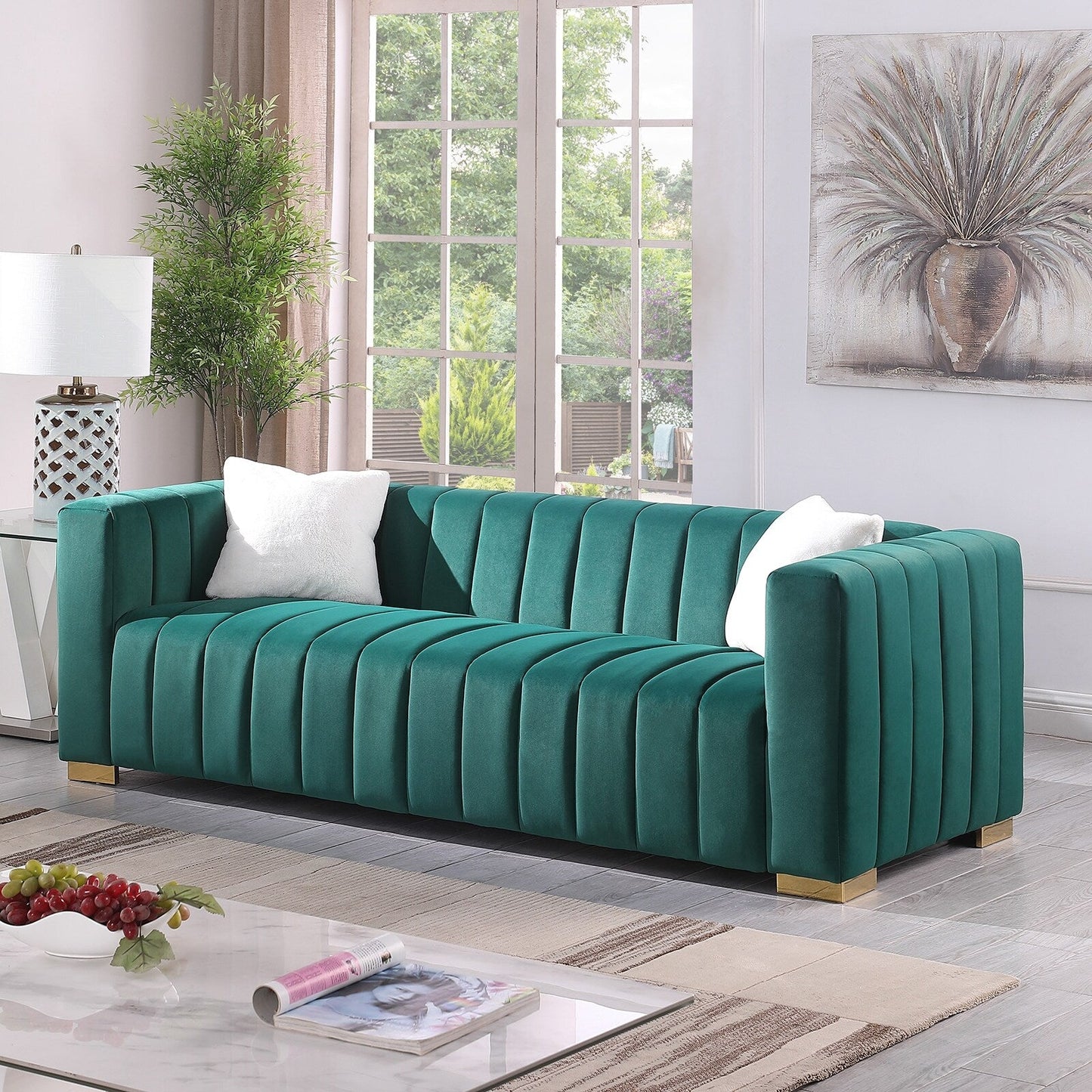 Modern 85.76'' Velvet Channel 3 Seater Sofa Couch, with 2 Pillow, Plush Foam Cushions, Luxurious Upholstered Couch