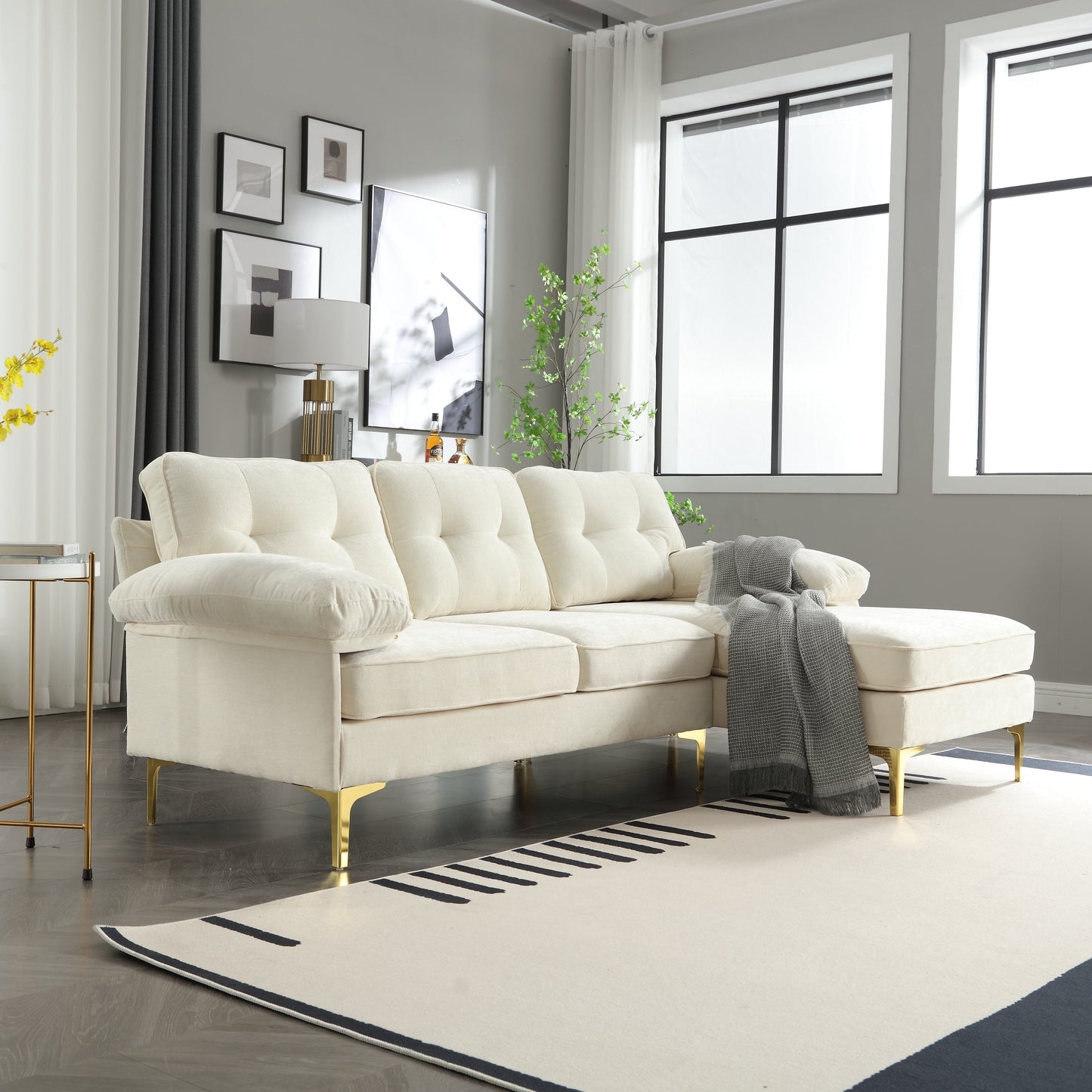 Modern 85'' Fabric L-Shaped 3-Seater Sofa with Wood Frame and Spring Cushions