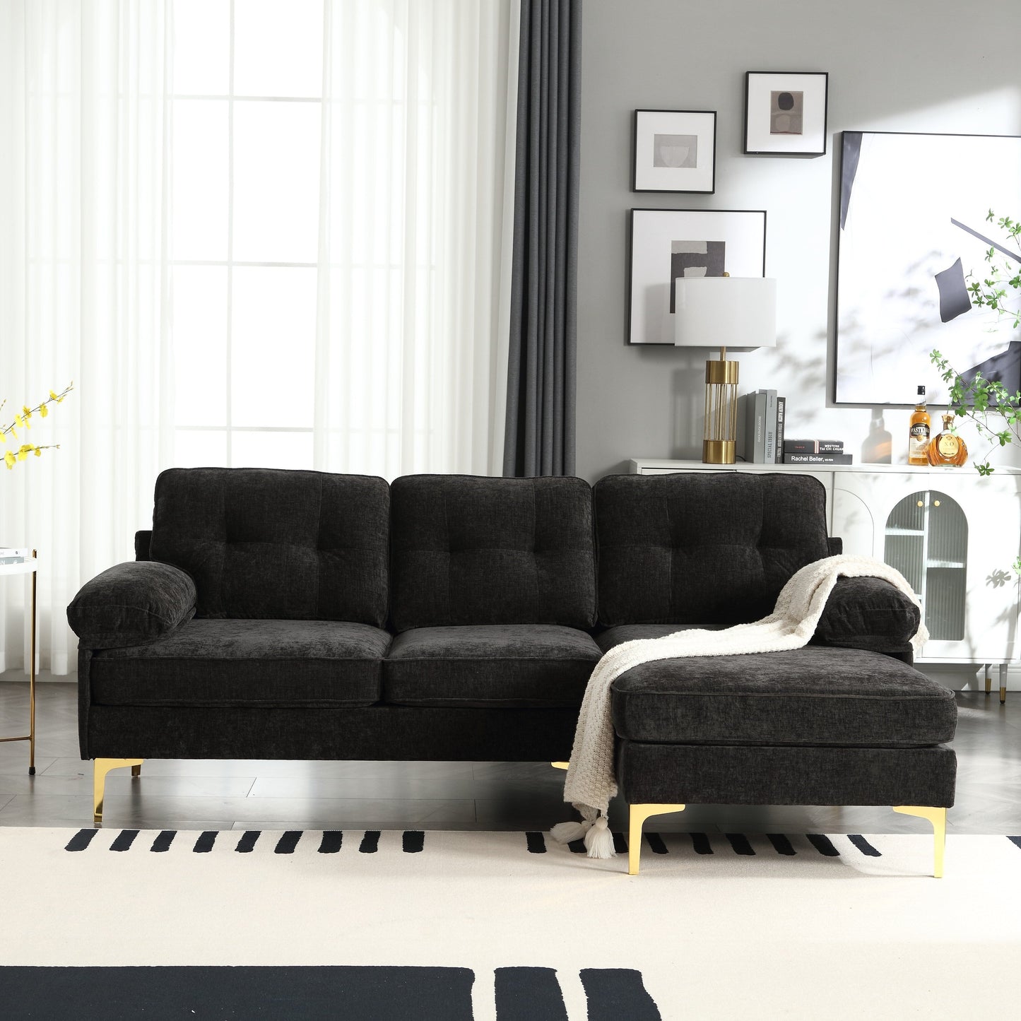 Modern 85'' Fabric L-Shaped 3-Seater Sofa with Wood Frame and Spring Cushions