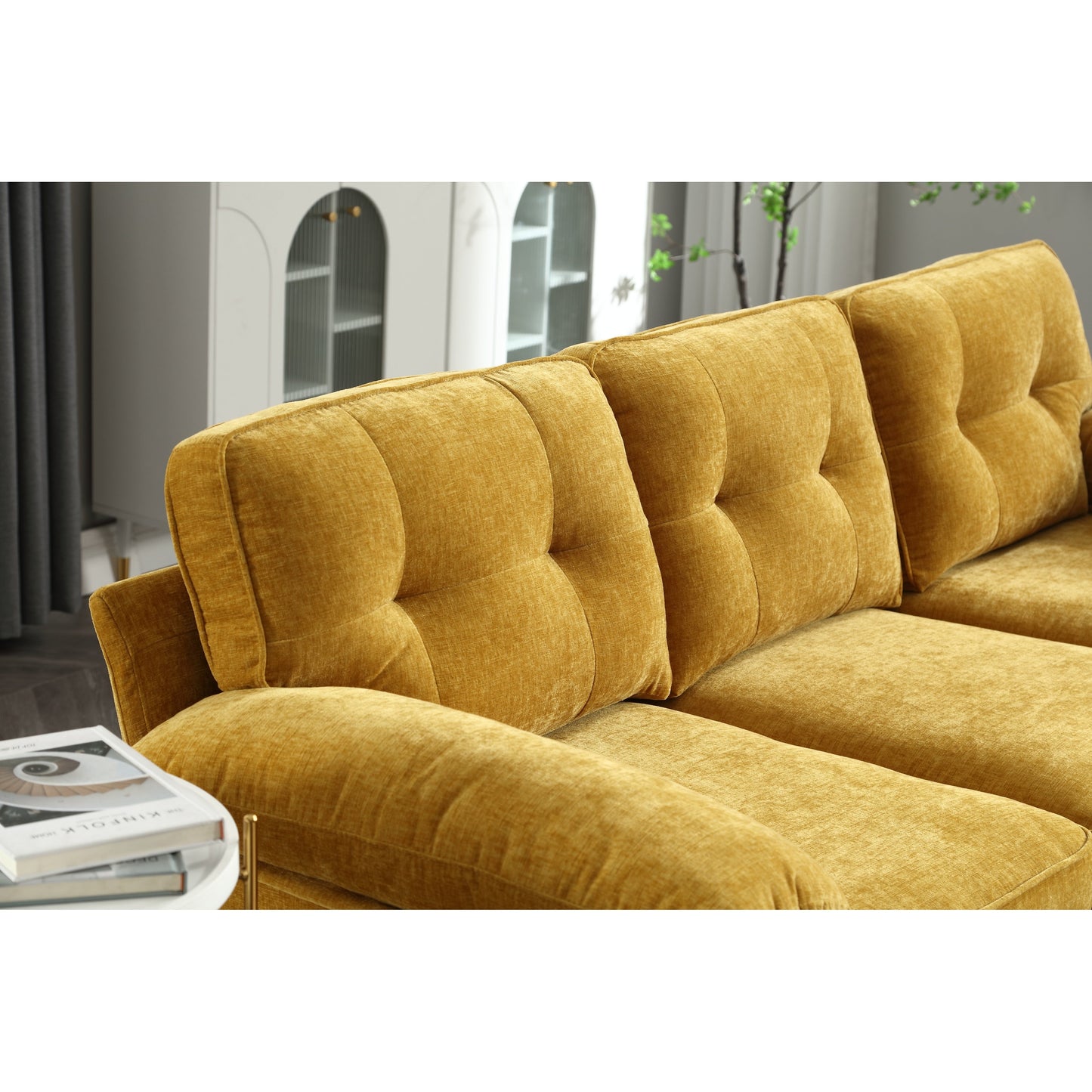 Modern 85'' Fabric L-Shaped 3-Seater Sofa with Wood Frame and Spring Cushions