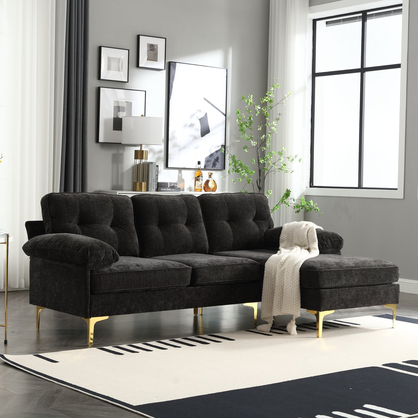 Modern 85'' Fabric L-Shaped 3-Seater Sofa with Wood Frame and Spring Cushions