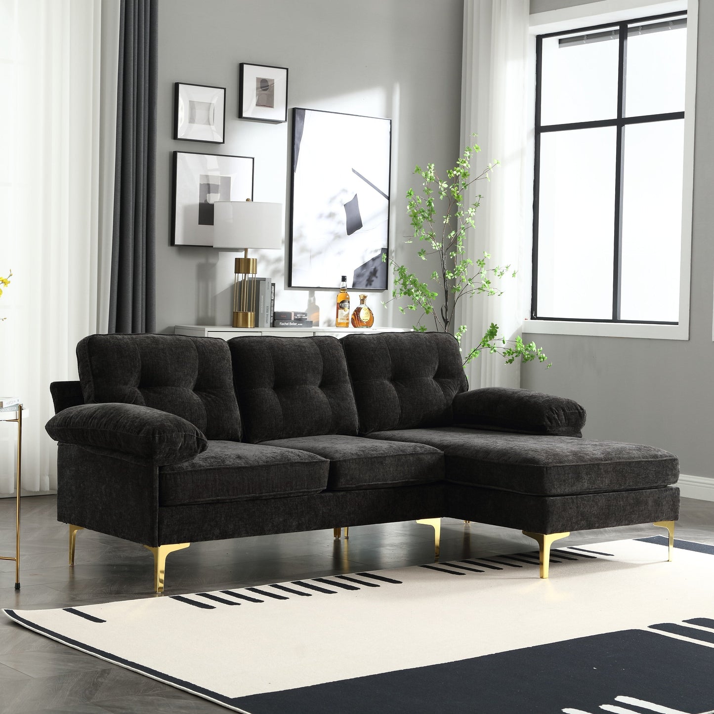 Modern 85'' Fabric L-Shaped 3-Seater Sofa with Wood Frame and Spring Cushions