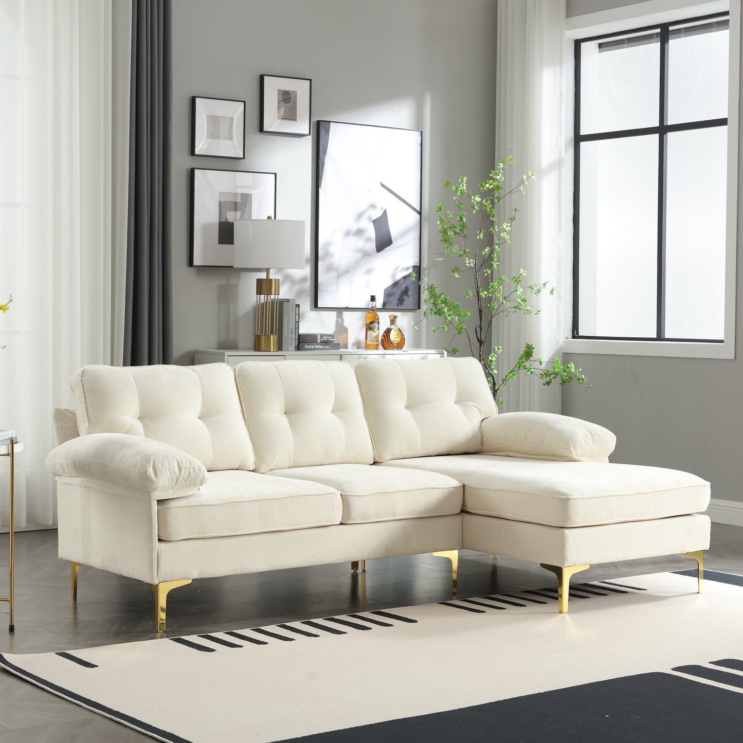Modern 85'' Fabric L-Shaped 3-Seater Sofa with Wood Frame and Spring Cushions