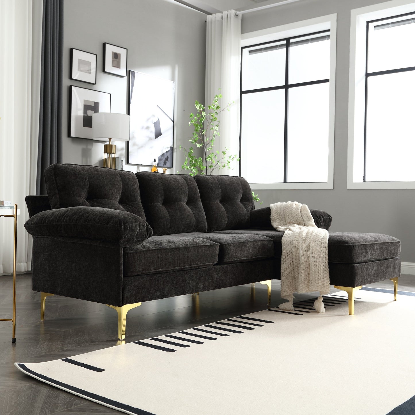 Modern 85'' Fabric L-Shaped 3-Seater Sofa with Wood Frame and Spring Cushions
