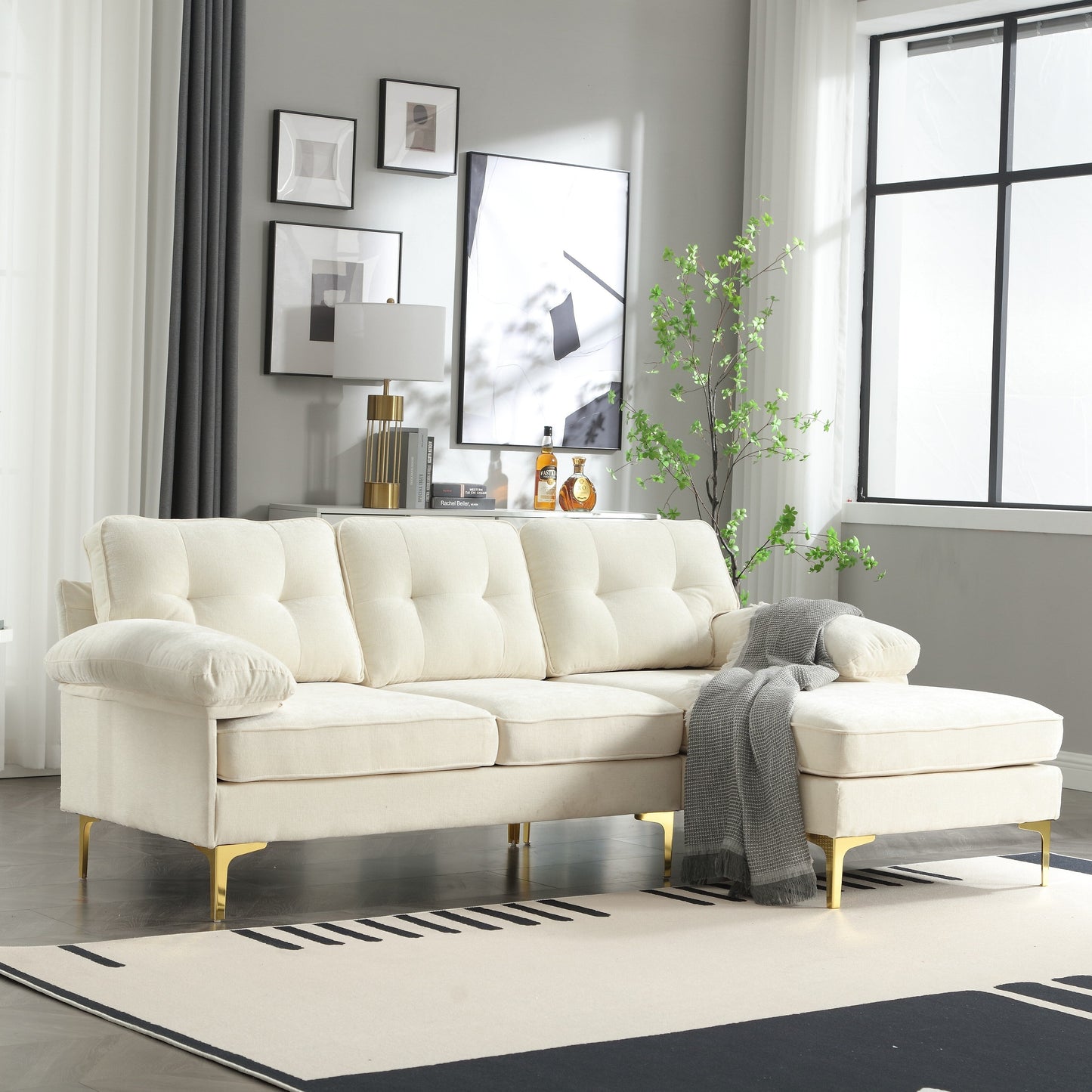 Modern 85'' Fabric L-Shaped 3-Seater Sofa with Wood Frame and Spring Cushions