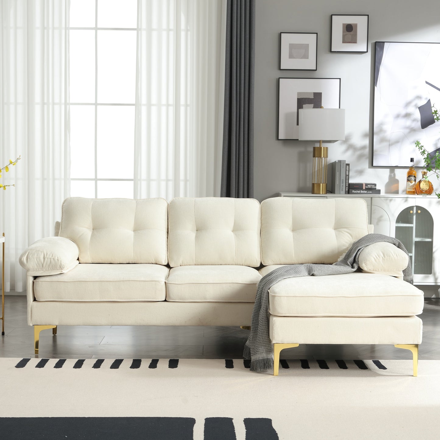 Modern 85'' Fabric L-Shaped 3-Seater Sofa with Wood Frame and Spring Cushions