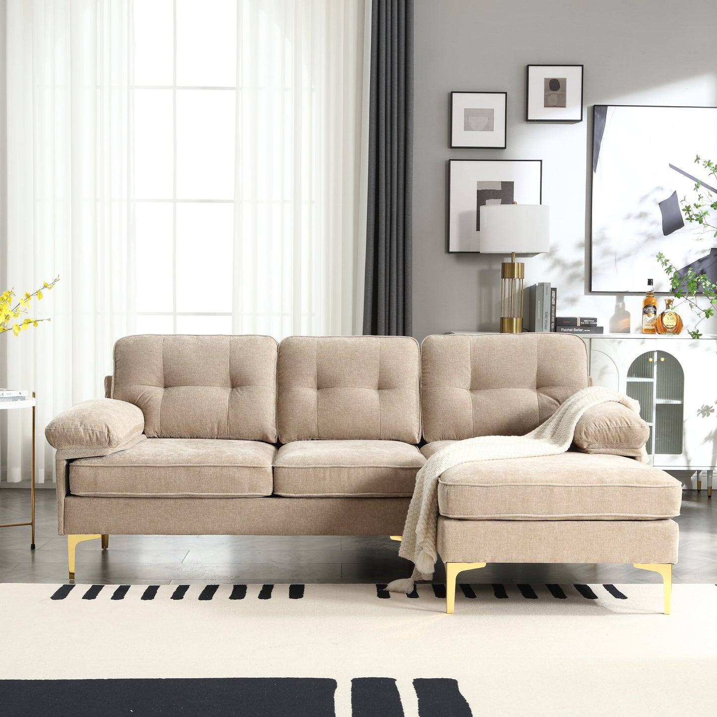 Modern 85'' Fabric L-Shaped 3-Seater Sofa with Wood Frame and Spring Cushions