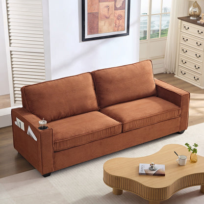 Modern 87.4 Corduroy 3-seater Deep Seat Sofa with Cup Holder and Storage Bags for Living Room
