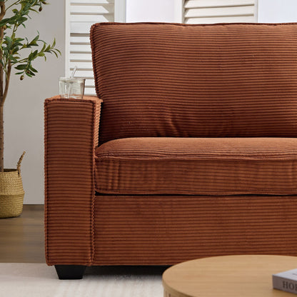 Modern 87.4 Corduroy 3-seater Deep Seat Sofa with Cup Holder and Storage Bags for Living Room